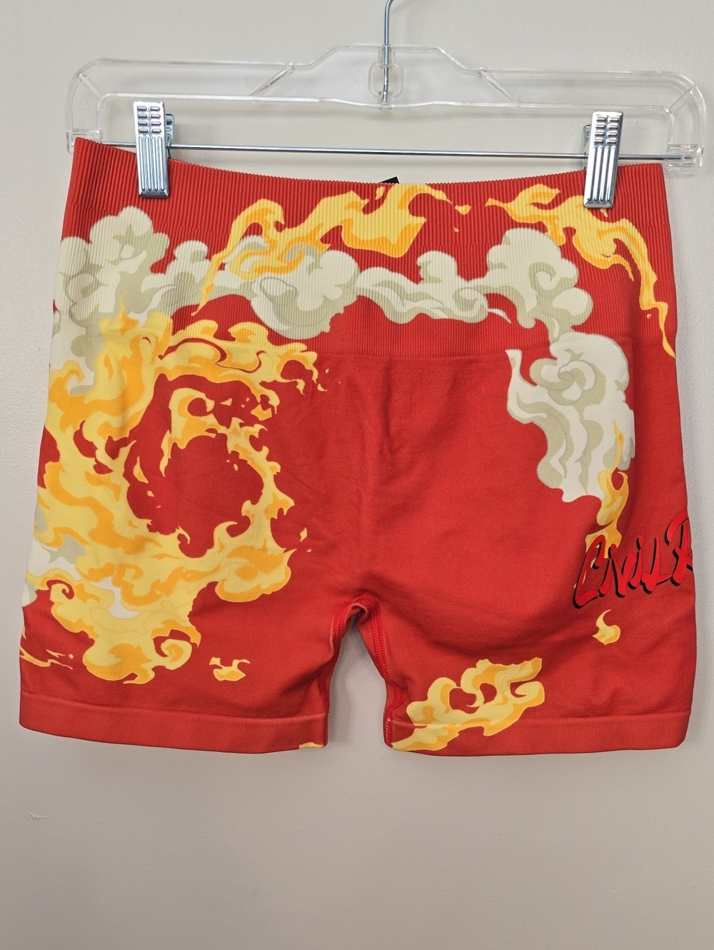 Red Graphic Bike Shorts with Yellow Flame Print